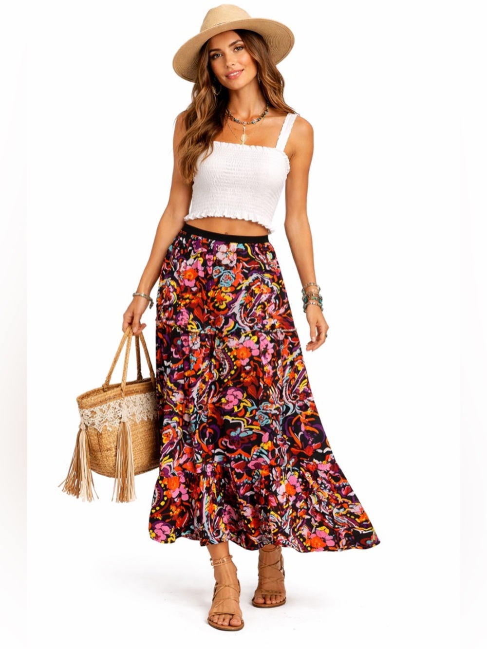 Joy Joy Boho Psychedelic Floral Tiered Maxi Skirt XS